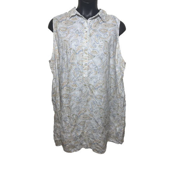 Rachel Ashwell 100% Linen Shirt Dress 3X Paisley Print White Green Blue Tan - Picture 1 of 10